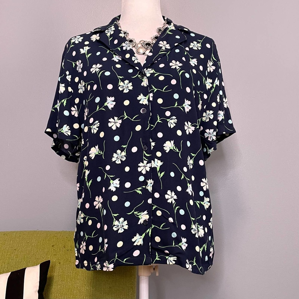 BP Blue Floral Dot Oversized Retro 90s Button Down Shirt NEW XS